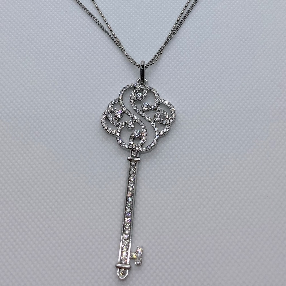 Silver Tone Stone Set Key Necklace